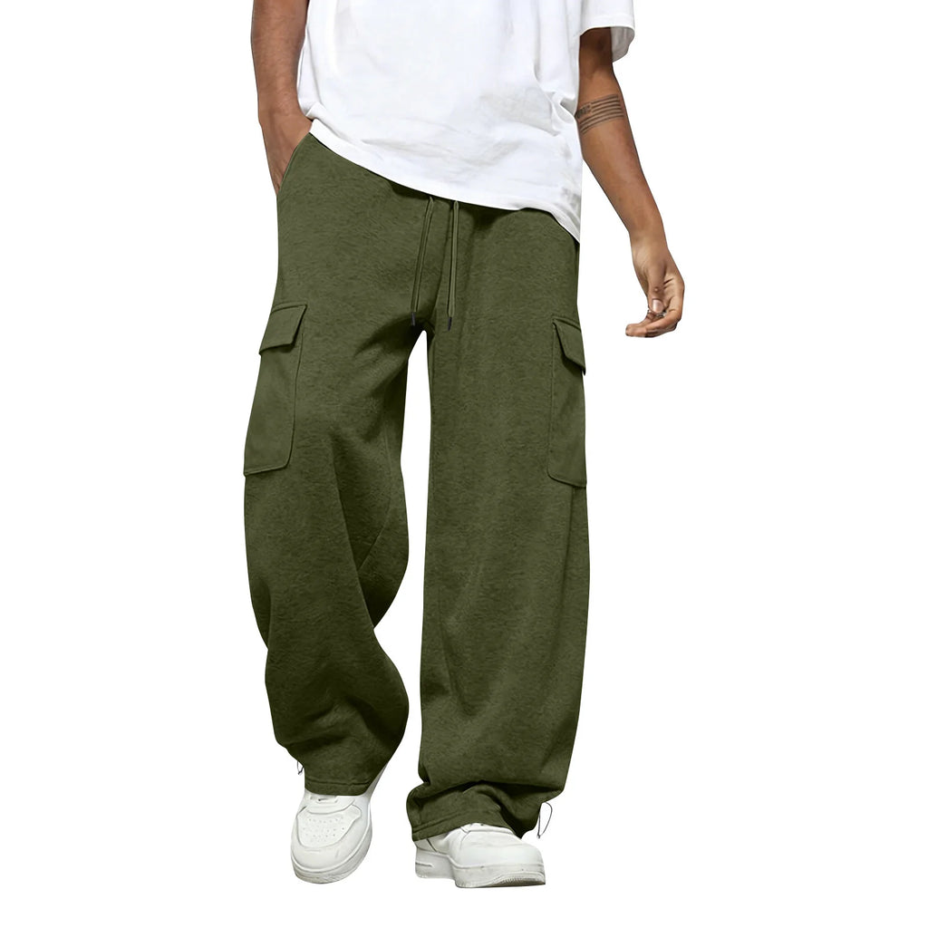 Male Basic Baggy Solid Wide Leg Sweatpants Fashion Daily Versatile Drawstring Elastic Waist Trousers Sports Hiking Comfy Pants Qme Army Green XXL