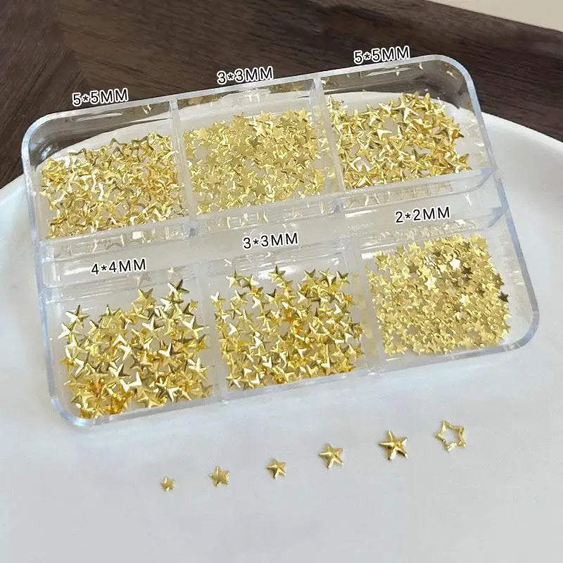 6 Grids Metallic Gold Silver Nail Art Rhinestones Pentagrams Rivet Qme Gold