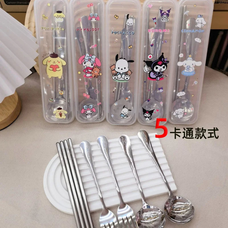 Kuromi Stainless Steel 3-Piece Portable Cutlery Set Cute Cartoon-Themed, Stylish Fork and Spoon Set Qme