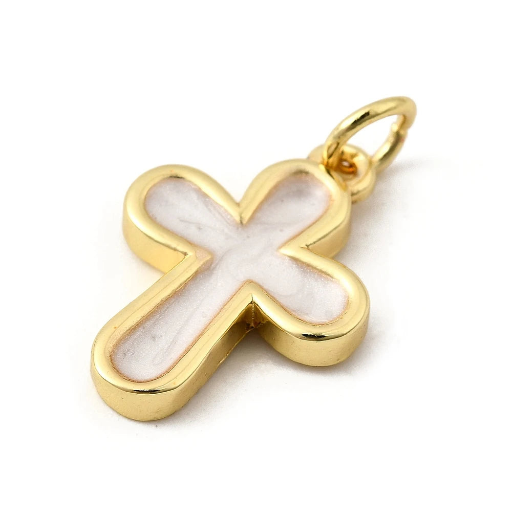 PandaHall 20pcs Brass Cross Pendants, Tarnish Resistant, 18x13x2mm for DIY Jewelry Making Qme Pearlescent White