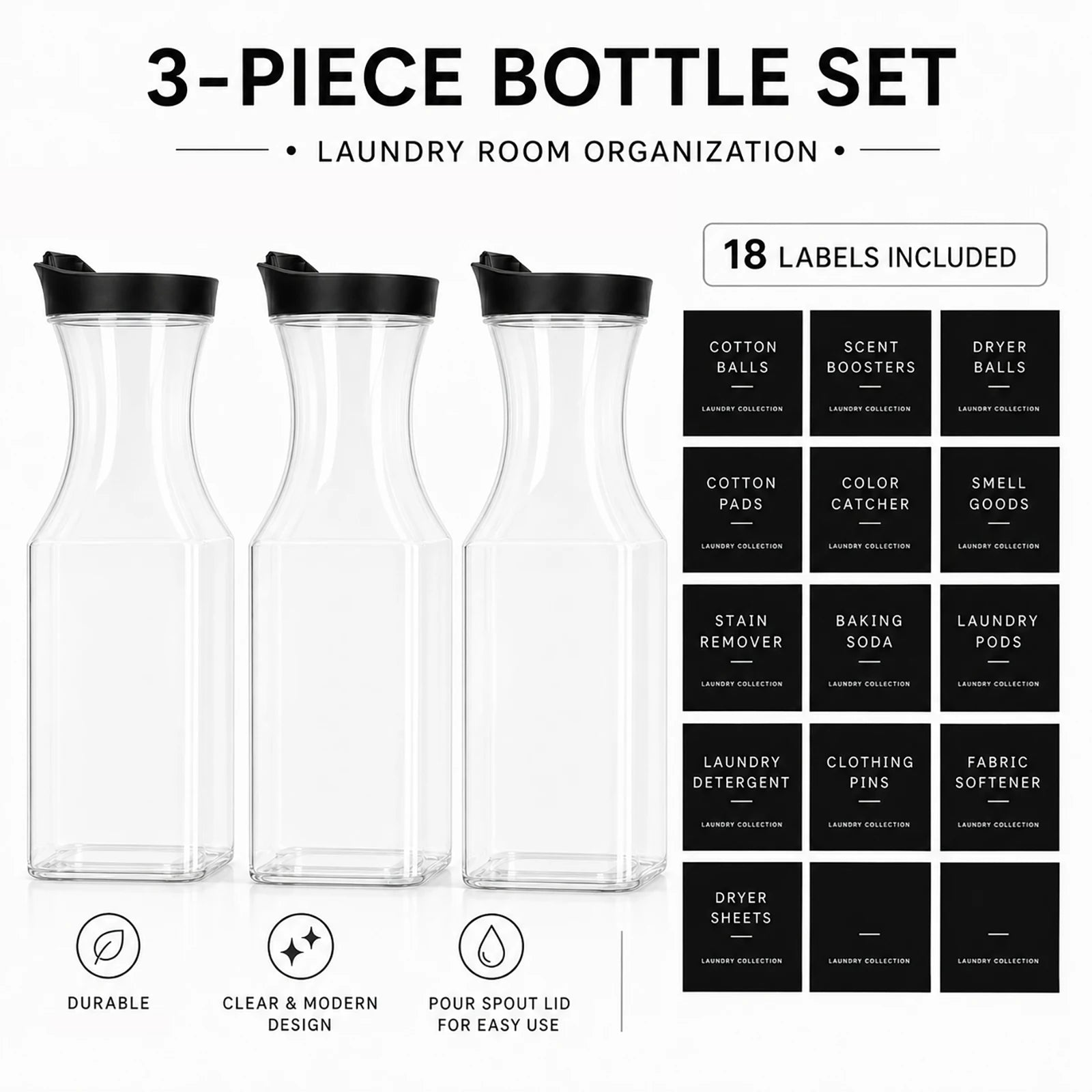 3Pack Clear Laundry Room Containers Laundry Soap Dispenser Bottle Set for Liquid Detergent Scent Boosters Softener Qme black