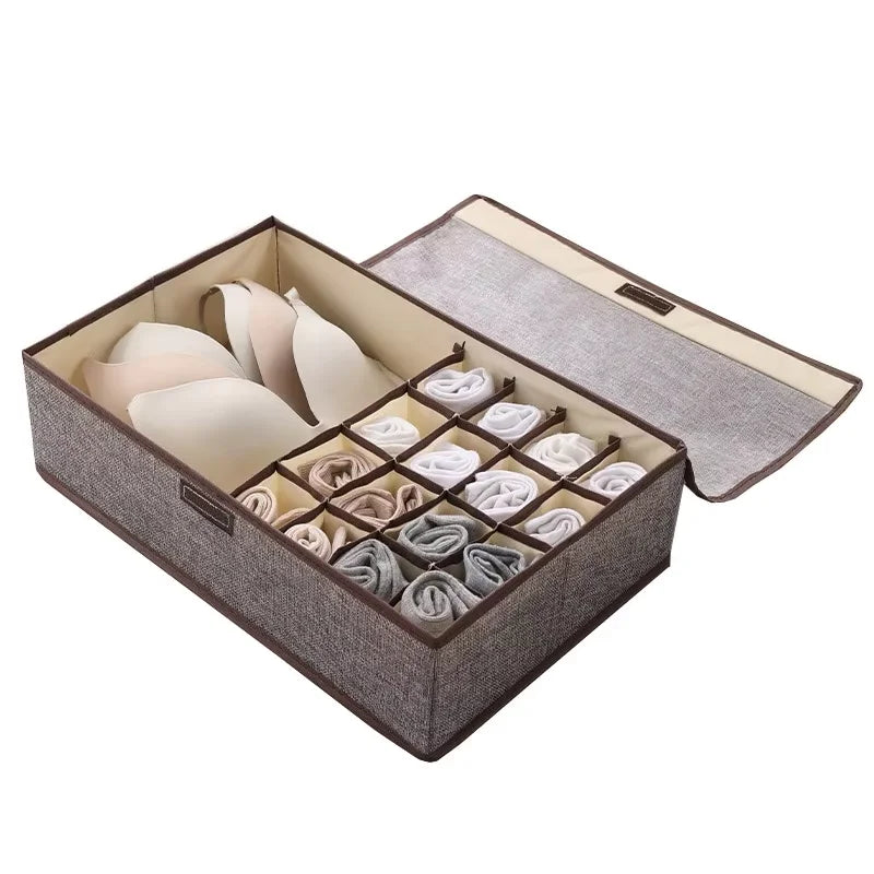 Underwear Storage Box Cotton And Linen Six-compartment Compartment With Lid Underwear Box With Compartments Drawer Style Qme