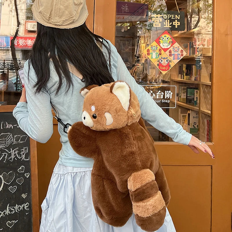 Red Panda Plush Backpack Women Crossbody Fur Soft Shoulder Bag Qme