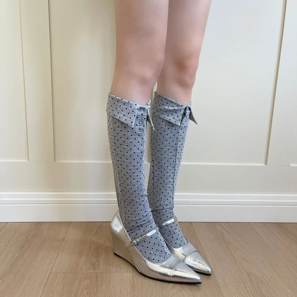 Comfortable Button Flip Collar Socks Lapel Novelty Polka Dot Socks Solid Color Hosiery Short Ankle Socks Female Qme One Size Style 6
