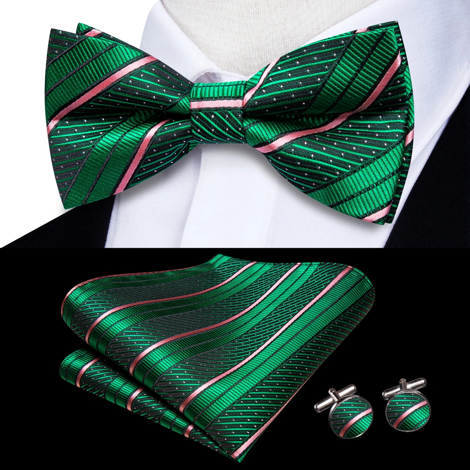 Hi-tie Silk Mens Striped Bow Tie Royal Blue Red Hanky Cufflinks