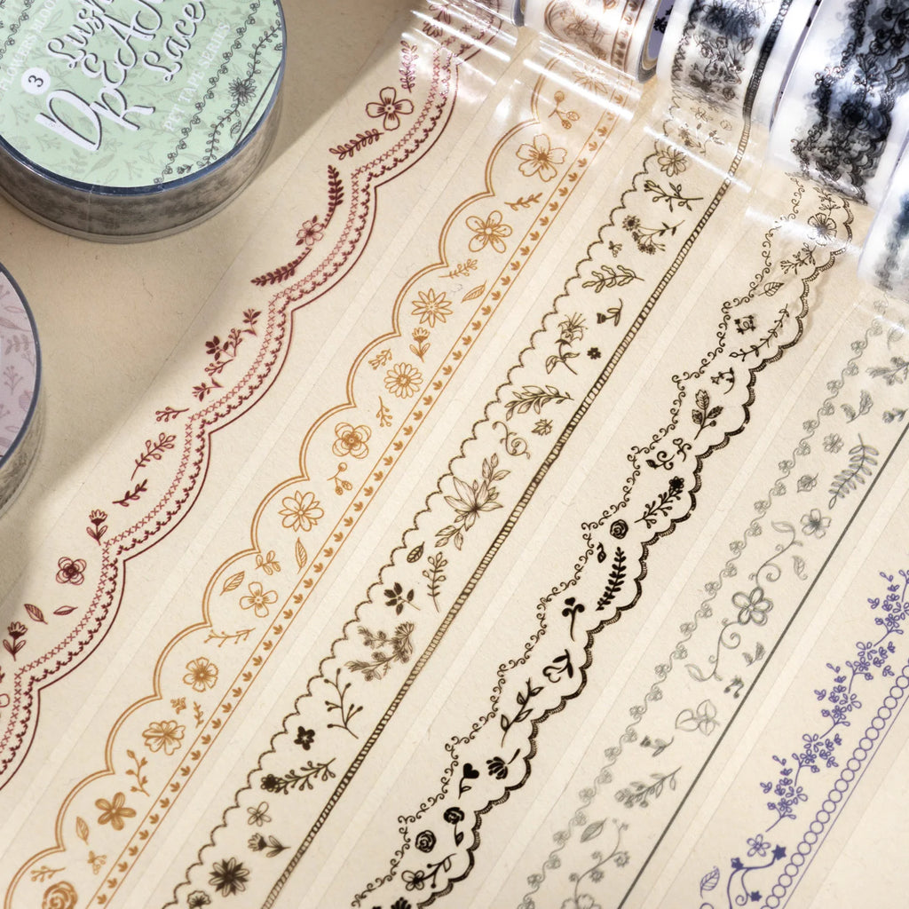 1 Roll Floral Lace Border Theme PET Decorative Washi Tape for DIY Journal, Photo Frame Collage, Scrapbook Material Qme