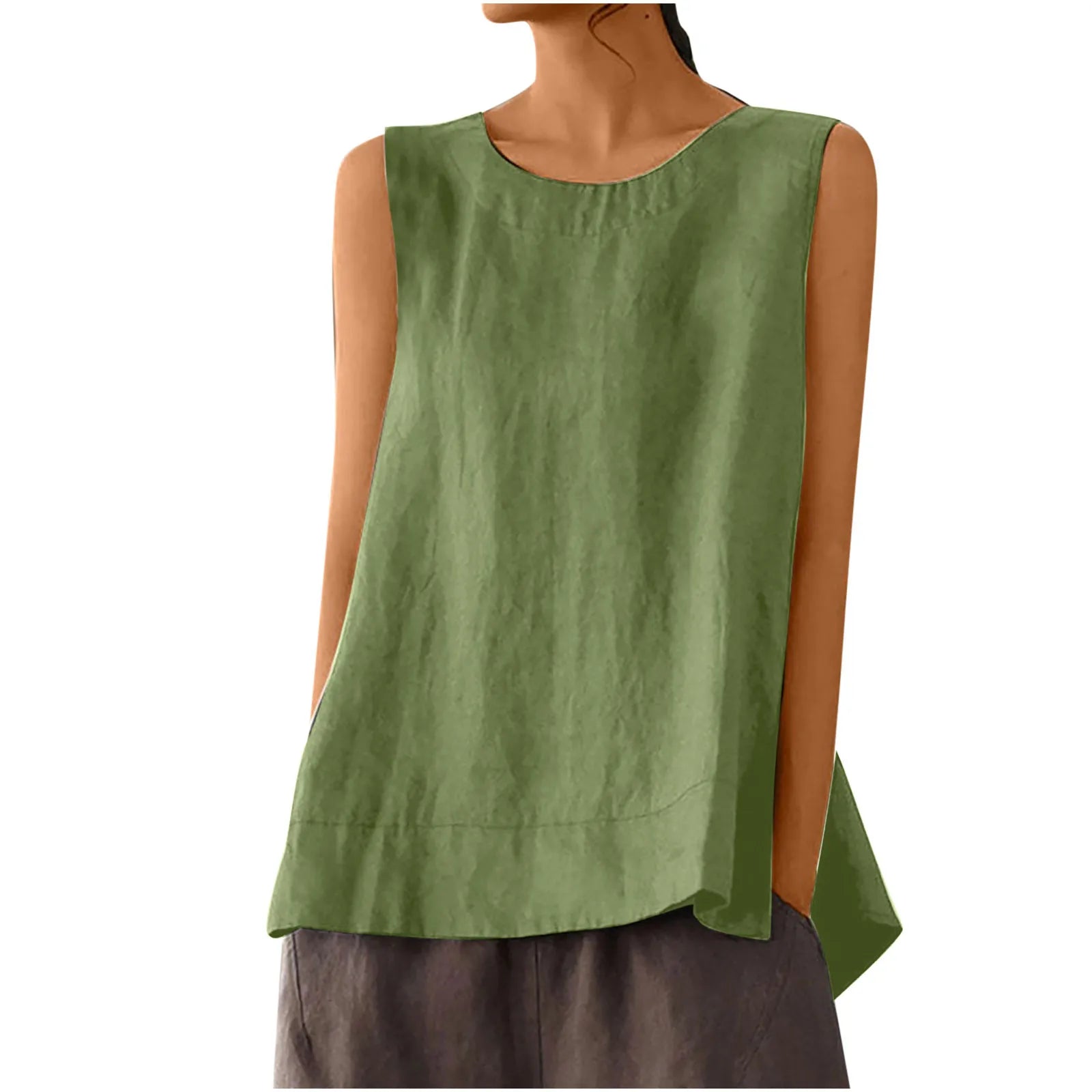 Female Summer Oversized Solid Color Retro Casual Cotton Linen Solid Color Sleeveless Round Neck Soft And Breathable Top Vest Qme