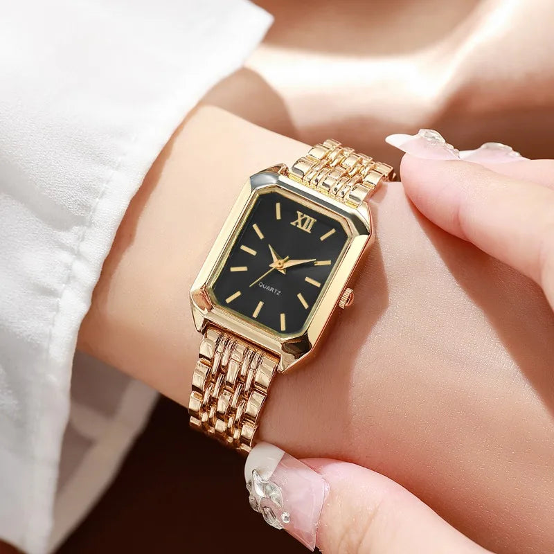 5PCS/Set Elegant Rectangle Women Watches Fashion Roma Dial Ladies Quartz Wristwatch Rhinestone Jewelry Set（Without Box） Qme