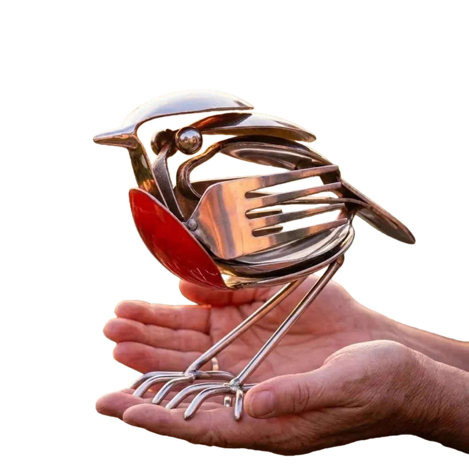 Robin Bird Statue Handmade Recycled Fork & Spoon Bird Statue Rustic Red Chest Robin Figurine for Outdoor Garden Yard Decor Qme