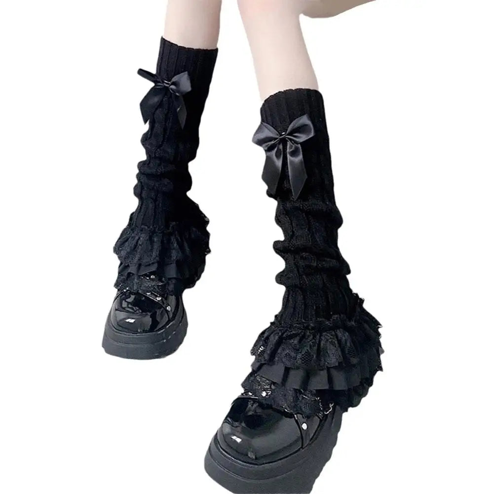Japanese Women Knitted Leg Warmer Bow Tiered Ruffled Socks Girl Lace Lolita Socks Calf T-shaped Lace Leg Horn Warmers Women Qme