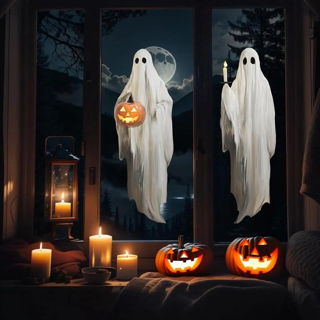 Halloween Window Stickers 3 Sheets Ghost Holding Pumpkin Candle Clings Reusable Spooky Extra Large Sticker Decor For Kid Office Qme