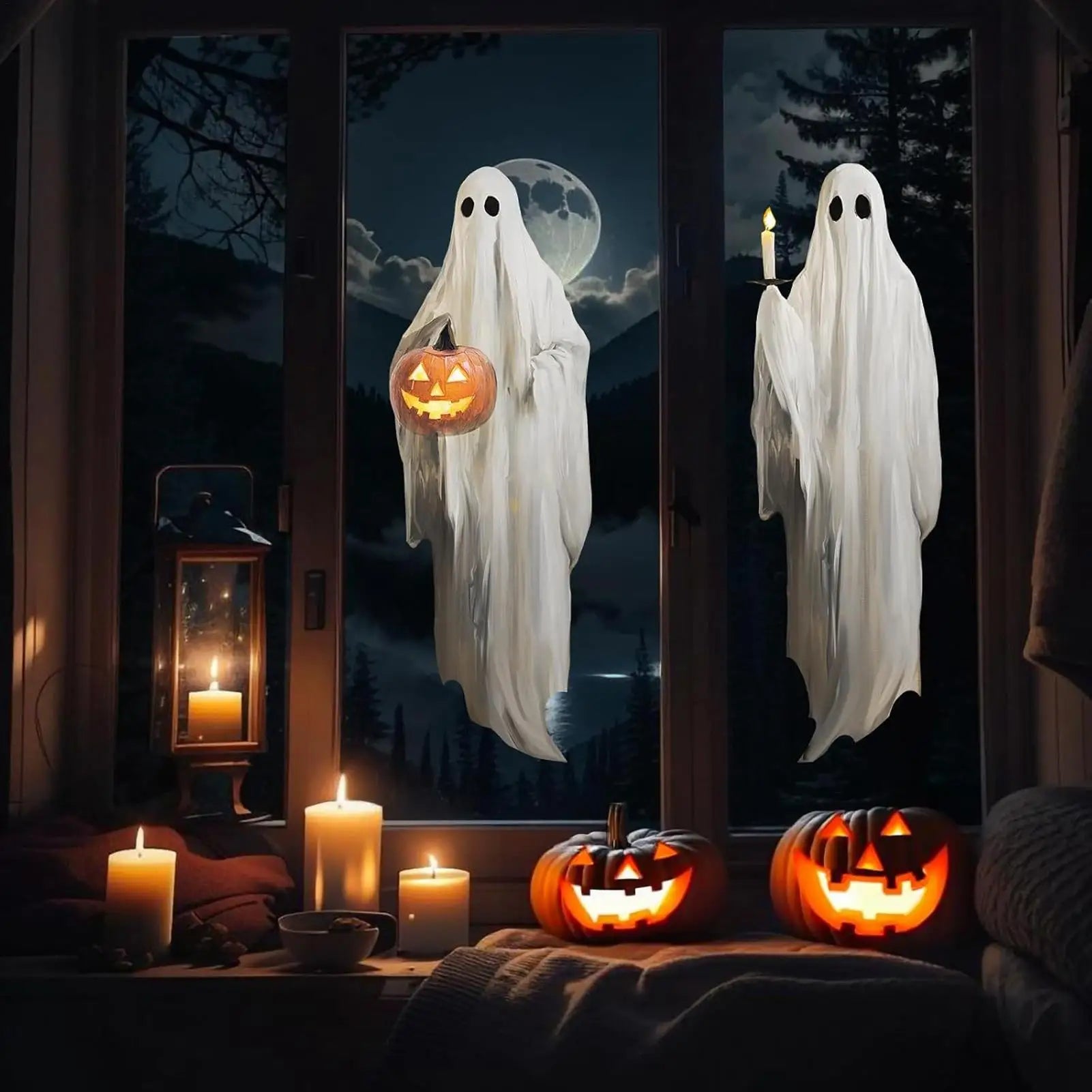 Halloween Window Stickers 3 Sheets Ghost Holding Pumpkin Candle Clings Reusable Spooky Extra Large Sticker Decor For Kid Office Qme