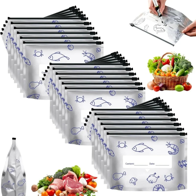 10Pcs/Bag Kitchen Aluminum Foil Fresh Bag Freezer Stand Up Zip Lock Bag Large Capacity Reusable Food Organizer Bags Qme