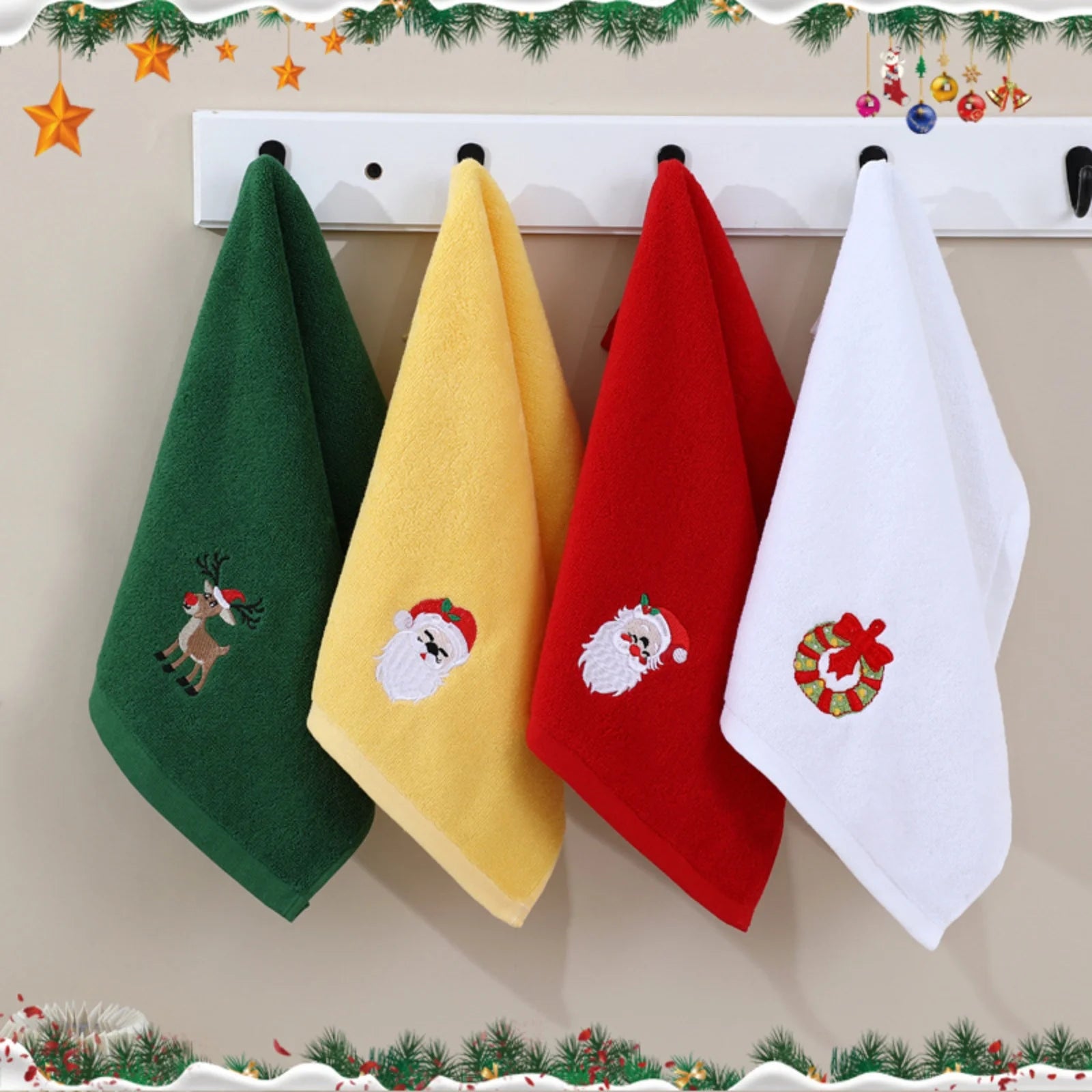 4pcs Christmas Theme Embroidered Cartoon Face Washing Towel Soft Absorbent Hand Washcloth Towels for Home Bathroom Use Xmas Gift Qme