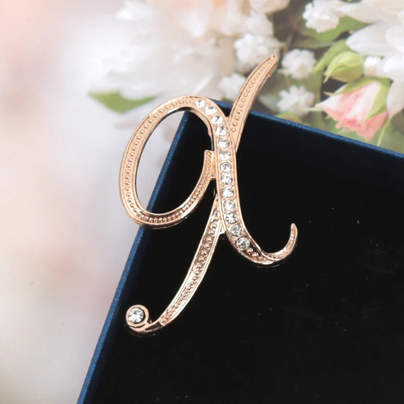 Fashion Women Rhinestone Brooch A-z English Letter Gold Metal Pins Qme X