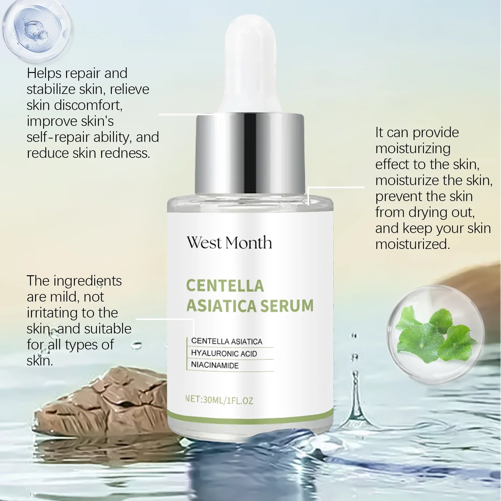 Centella Asiatica Serum Brightening Hydrating Facial Essence Soothing Moisturizing Anti-Redness Beauty Skincare Smooth Texture Qme
