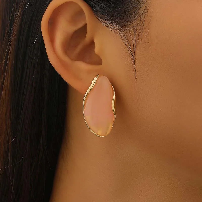 Vintage Irregular Resin Alloy Stud Earrings & Ring - Women's Coffee Color Fashion Elegant Stud Earrings & Ring Jewelry Set Qme Earring-Pink