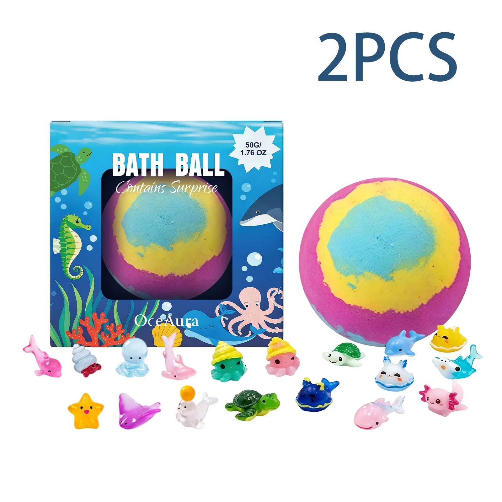 OceAura Kids Bath Ball with Random Marine Animal Toy for Over 3 Years Old Kids Skin Friendly Rich Foam Moisturizing Bath Ball Qme 50g x2