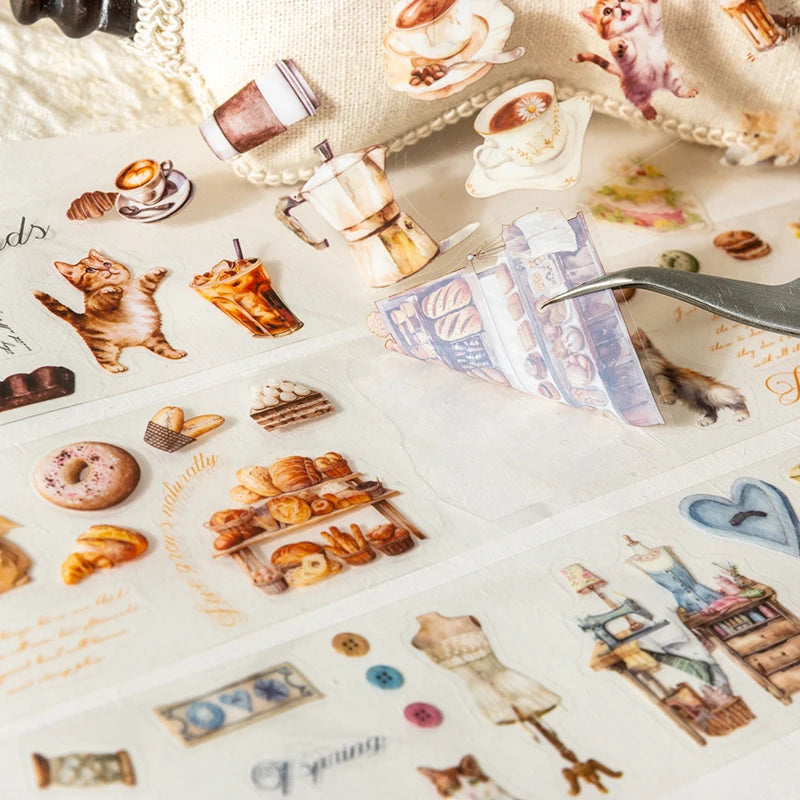 PET Material Tape Maker Cat Hand Workshop Series Cute Cat Coffee Bread Floral Pattern DIY Decorative for Phone Case Computer Cup Qme