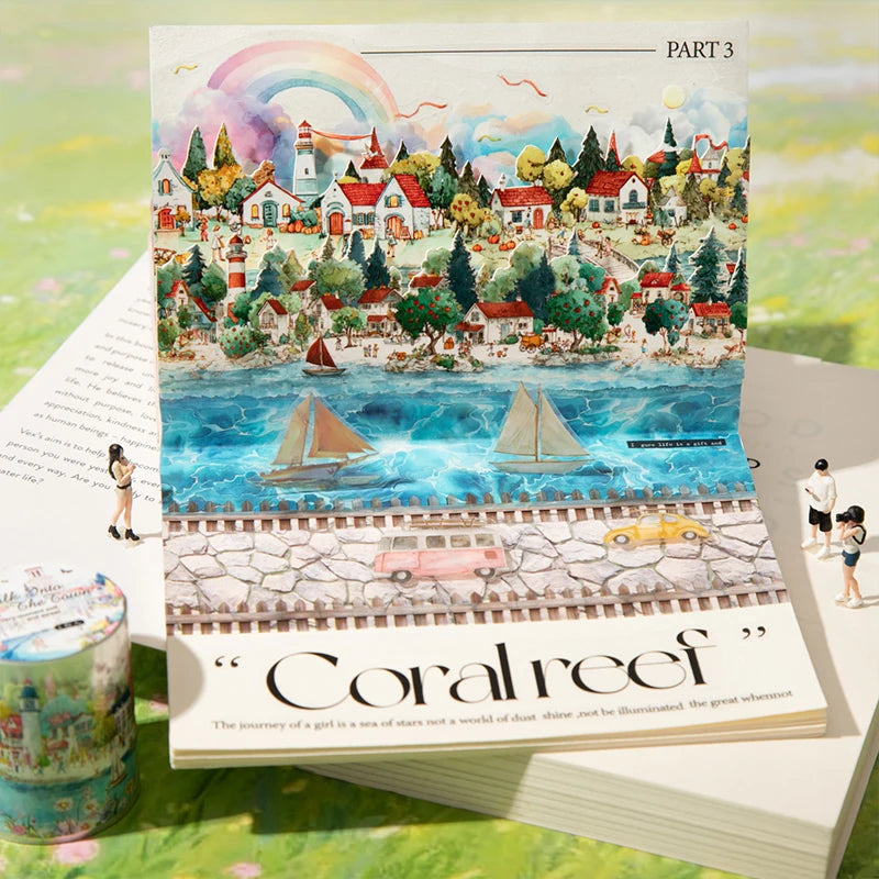 Watercolor Fairy Tale Town Washi Tape, Healing & Relaxing Creative Material, Ideal for Journal Scenery, Collage Qme