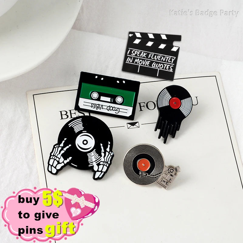 Punk Music Lovers Enamel Pin Good Vibes Tape DJ Vinyl Record Player Badge Brooch Lapel Pins Jeans Shirt Jewelry Gifts Wholesale Qme