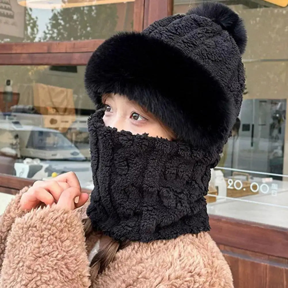 Women's Autumn Winter Thickened Scarf Mask Integrated Ear Protection Windproof Hat Parent-Child Children's Warm Head Cover Cap Qme