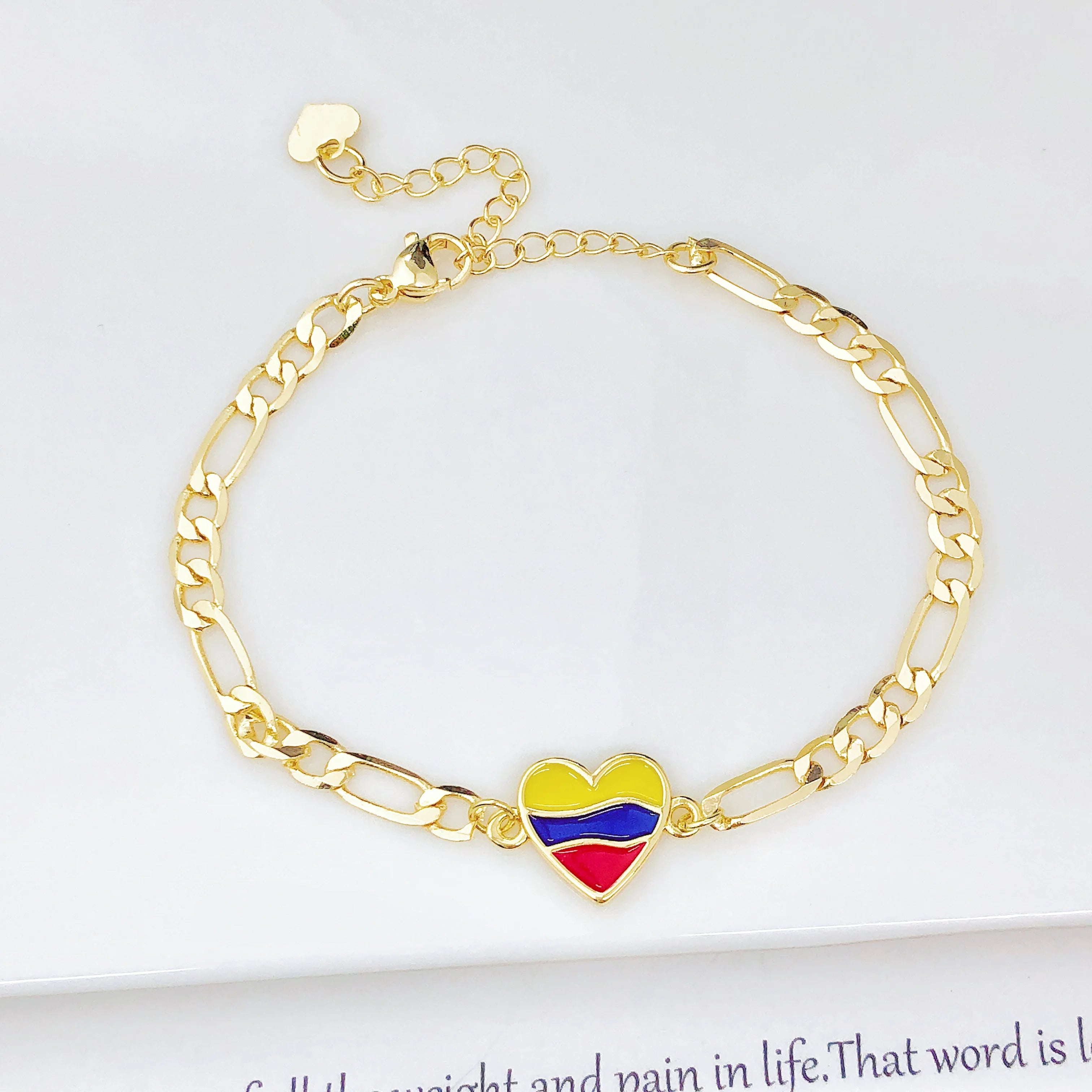 Adjustable Enamel Art Gold Plated Venezuela Colombia Flag Figaro Chain Bracelet for Men Women Holiday Anniversary Jewelry Gift Qme 3