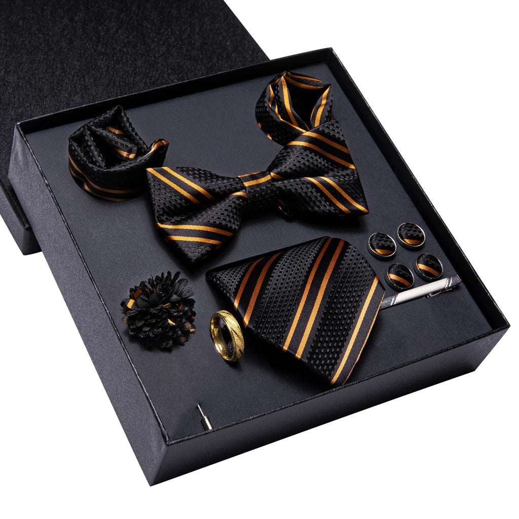 Hi-Tie Luxury Gift Box Golden Striped Pattern Tie Soft Men's Handkerchief Cufflink Set Wedding High Quality Qme N3324