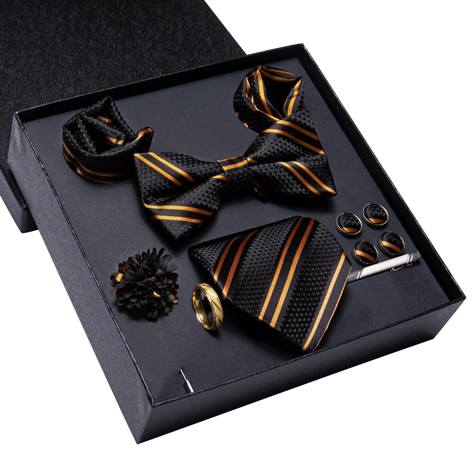 Hi-Tie Luxury Gift Box Golden Striped Pattern Tie Soft Men's Handkerchief Cufflink Set Wedding High Quality Qme N3324