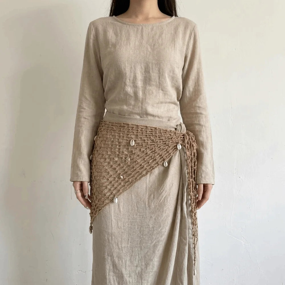 Boho Solid Triangle Hip Scarf Shell Mesh Crochet Short Skirt Wrap Qme