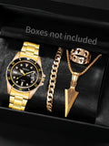 1pcs Student Watch Men's Business Quartz Watch+1pcs Bracelet 1pcs Necklace 1pcs Ring Qme Golden Black Set