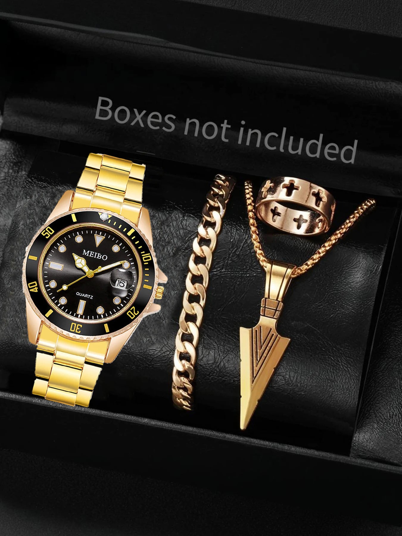 1pcs Student Watch Men's Business Quartz Watch+1pcs Bracelet 1pcs Necklace 1pcs Ring Qme Golden Black Set