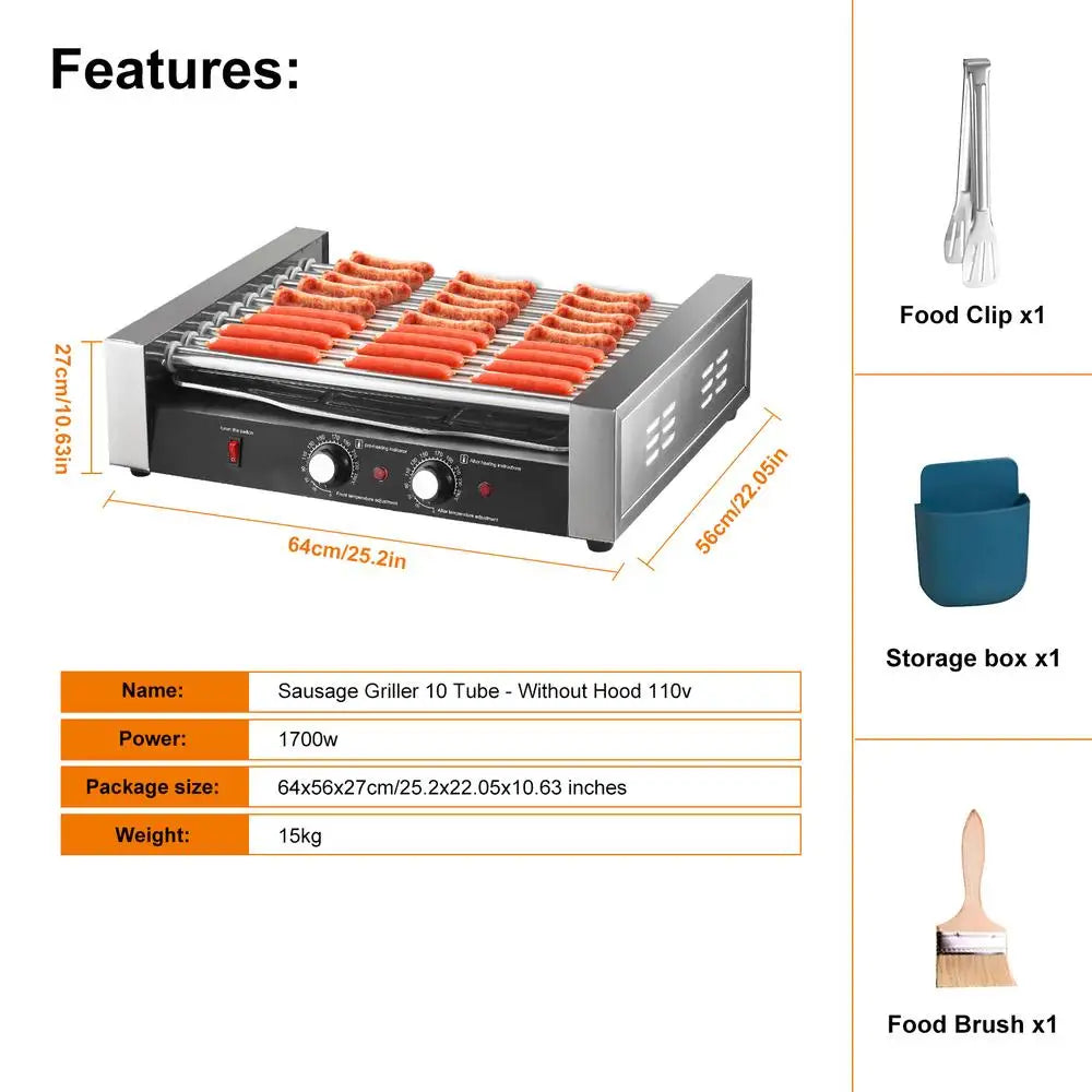 Commercial Hot Dog Roller 27 Hot Dogs 10 Rollers Electric Grill Roller Cooker 1700W Sausage Grill Cooker with Removable Oil Drip Qme US China Mainland