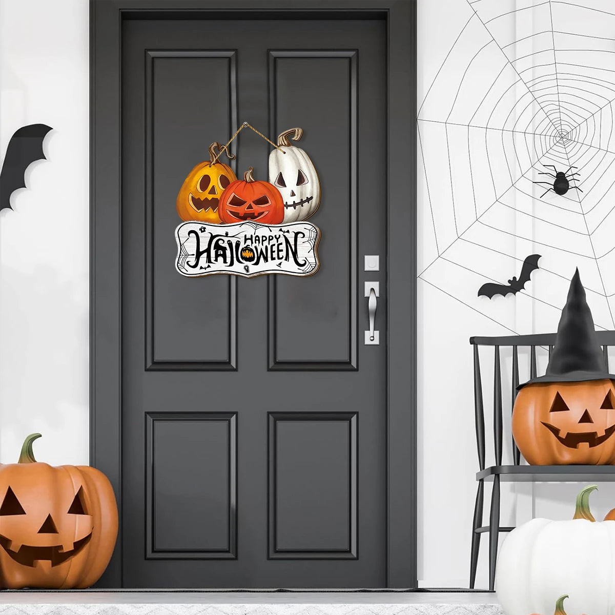 Halloween Wooden Wall Hanging Sign - "Happy Halloween" Orange, Yellow, White Jack Pumpkin Decoration, Halloween Decoration Qme