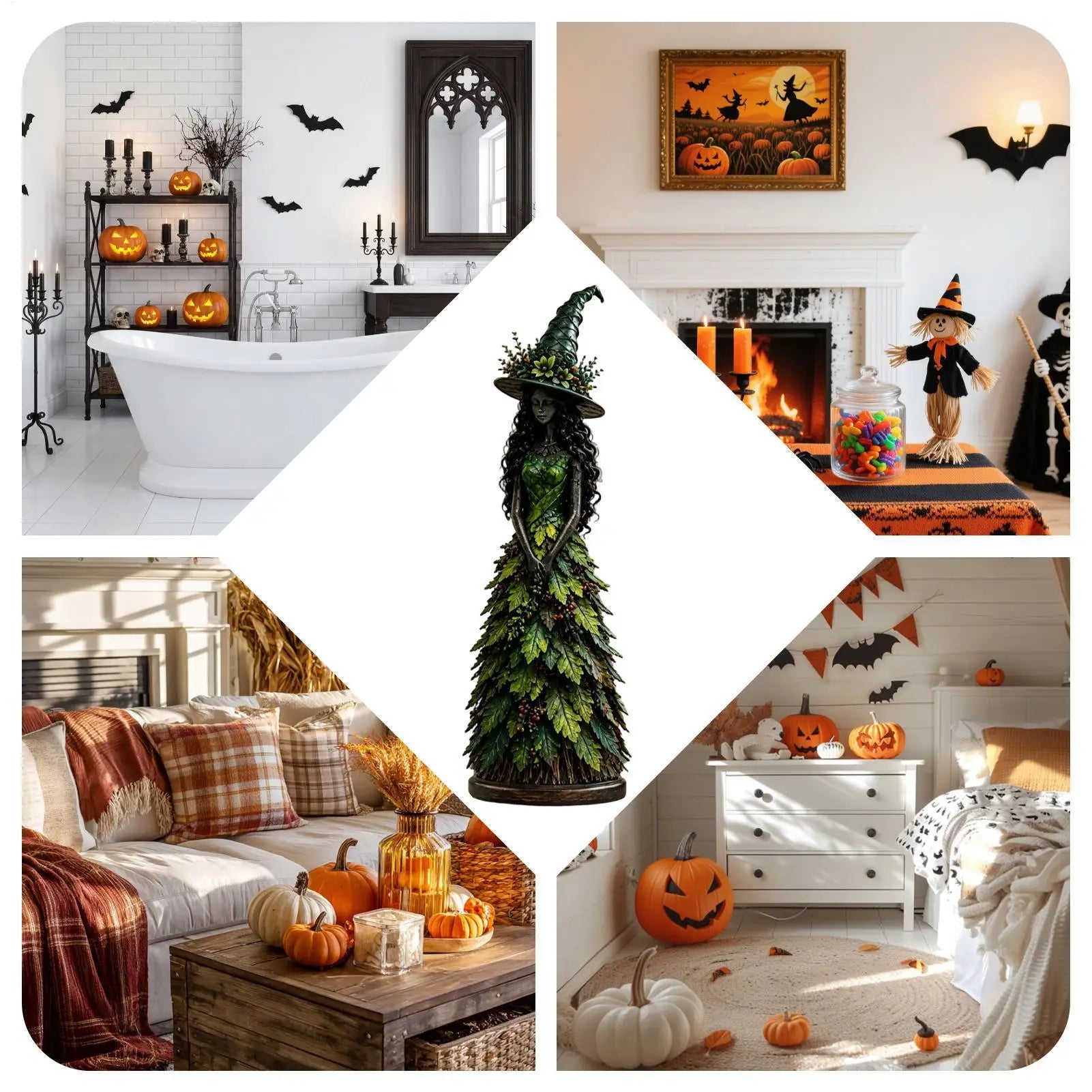 Halloween Witch Figurine Resin Seasonal Table Centerpiece Leaves Gown Qme