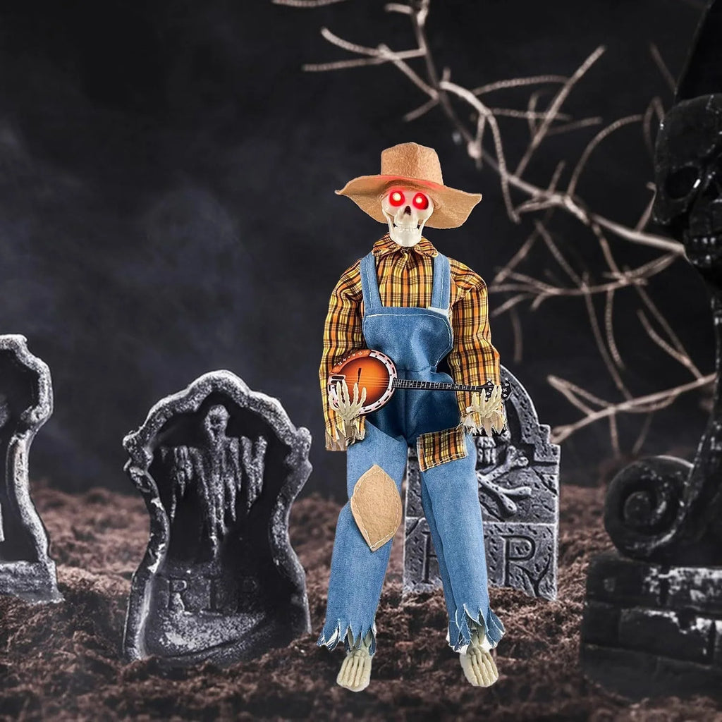 Animated Motion Sound Activated Musical Multi Lingual Banjo Skeletons Duo Halloween Fall Indoor Glowing Skeleton Skeleton Decor Qme