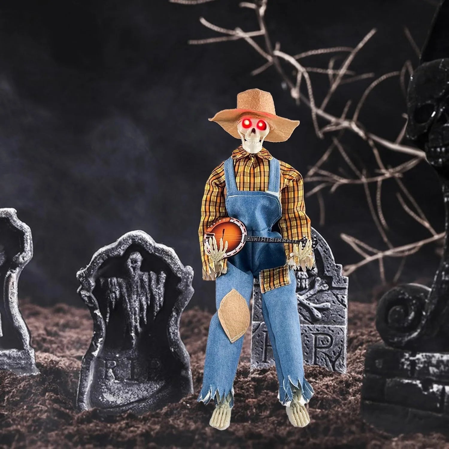 Animated Motion Sound Activated Musical Multi Lingual Banjo Skeletons Duo Halloween Fall Indoor Glowing Skeleton Skeleton Decor Qme