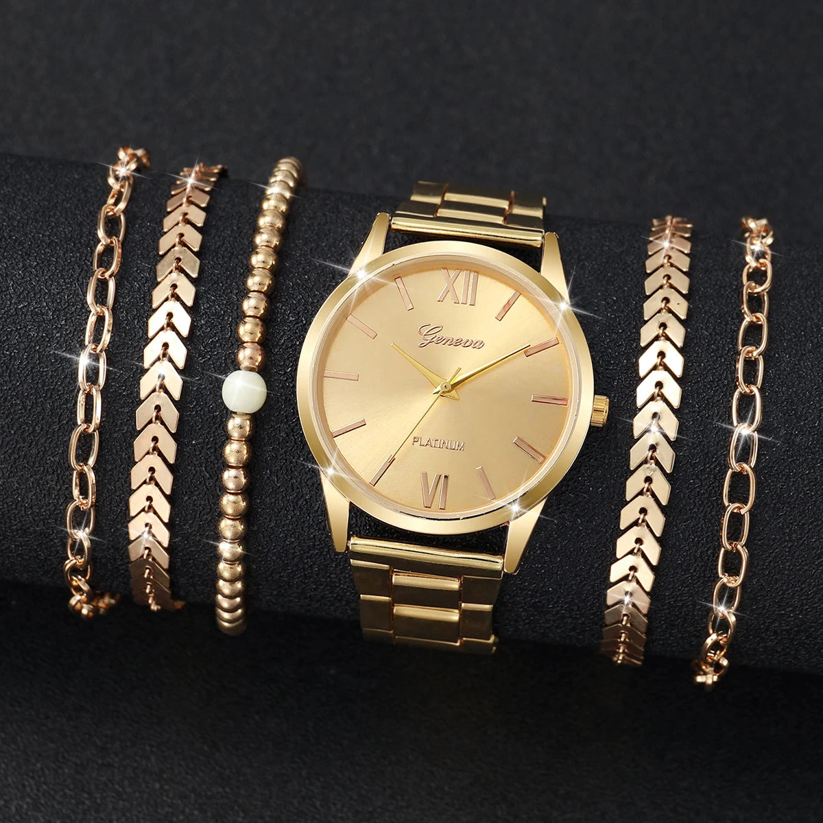 3/6 PCS Relógio Feminino Moda Ouro Banda de Aço Relógios de Quartzo Conjunto de Pulseiras (Sem Caixa) Qme
