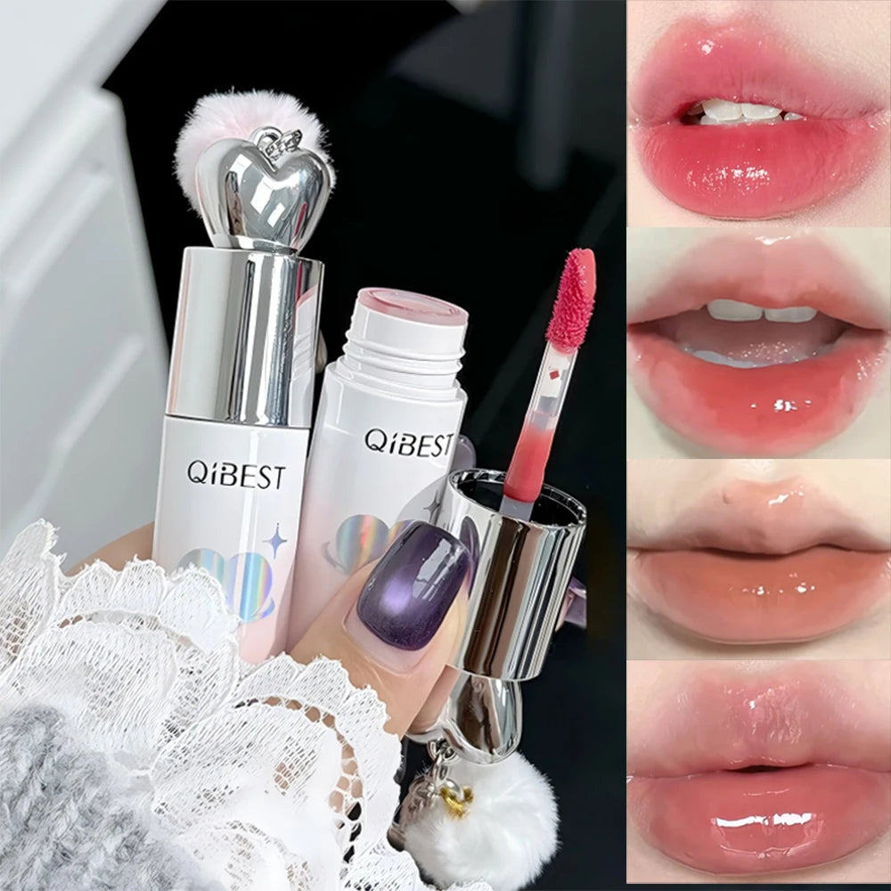 Heart Shape Pom-poms Water Light Lip Llaze Mirror Pendant Lipstick Qme