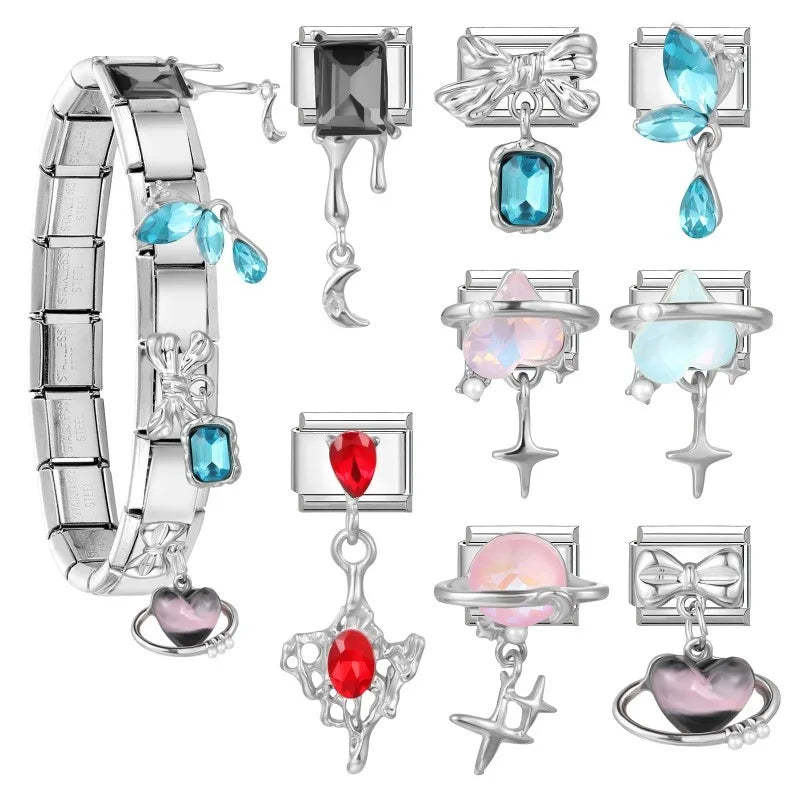 2026 New Shiny Zircon Candy Heart Star Bow Italian Charm Links Fit 9mm Stainless Steel Bracelet Women Jewelry DIY Making Gifts Qme