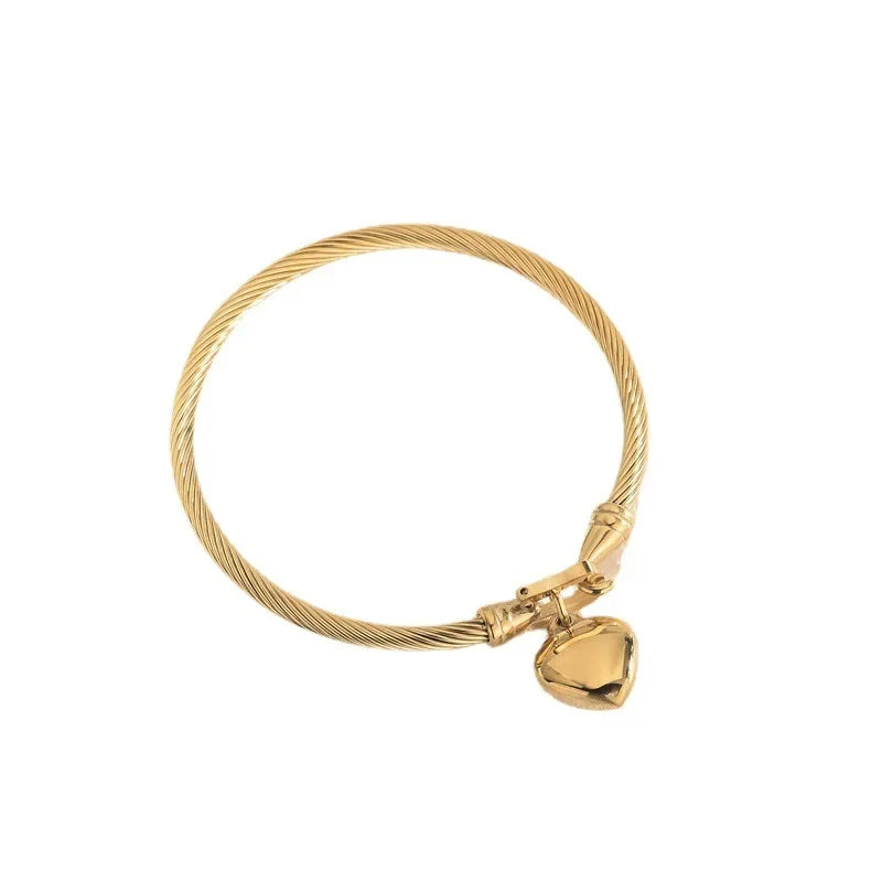 18k Gold Color Stainless Steel Heart Pendant Charm Bangle Bracelets for Men Women Qme