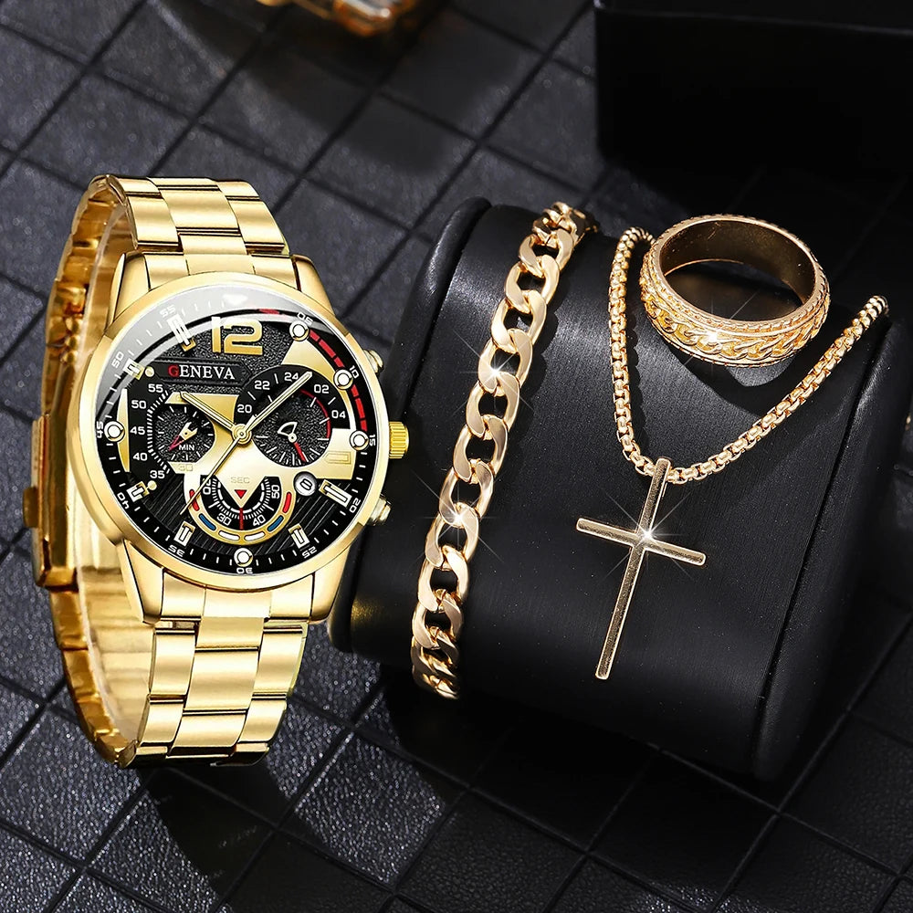 4PCS Men's Watch Set Fashion Trend Business Quartz Watch Cross Pendant Necklace Ring Bracelet Jewelry Set Perfect Gift for Him Qme Gola A