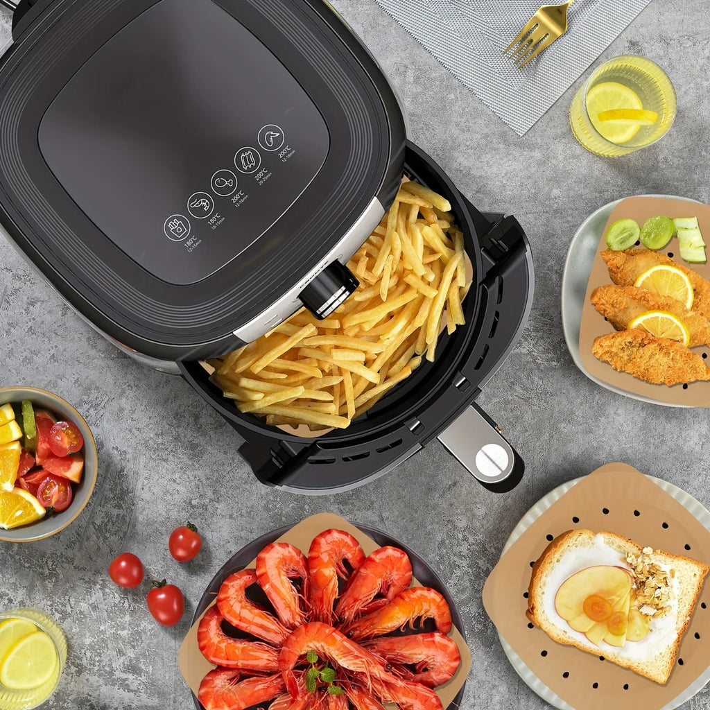 50pcs/100pcs, Air Fryer Liners, Square Air Fryer Disposable Paper Liner, Perforated Parchment Paper Sheets For Baking, Qme