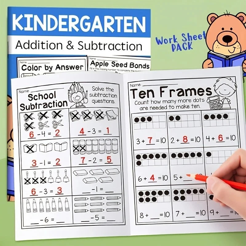 32-Page Interactive Math Learning Workbook with Addition & Subtraction Worksheets, Crossword Puzzles, Colorful Math Activities Qme