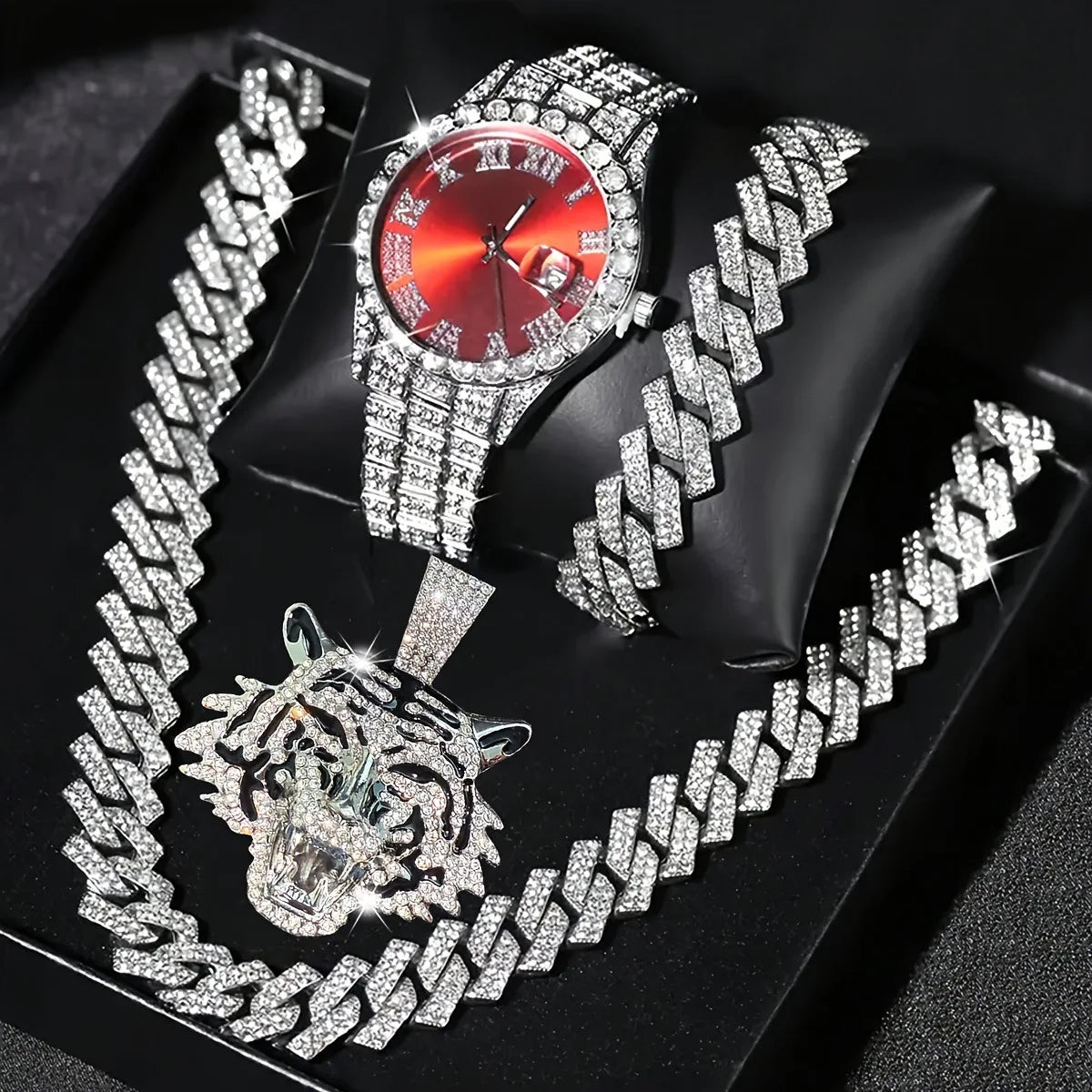 Trendy Men's Popular Tiger Head Cuban Chain Four Piece Set | Street Hip Hop Style Watch Necklace Bracelet Pendant Set Qme Pink