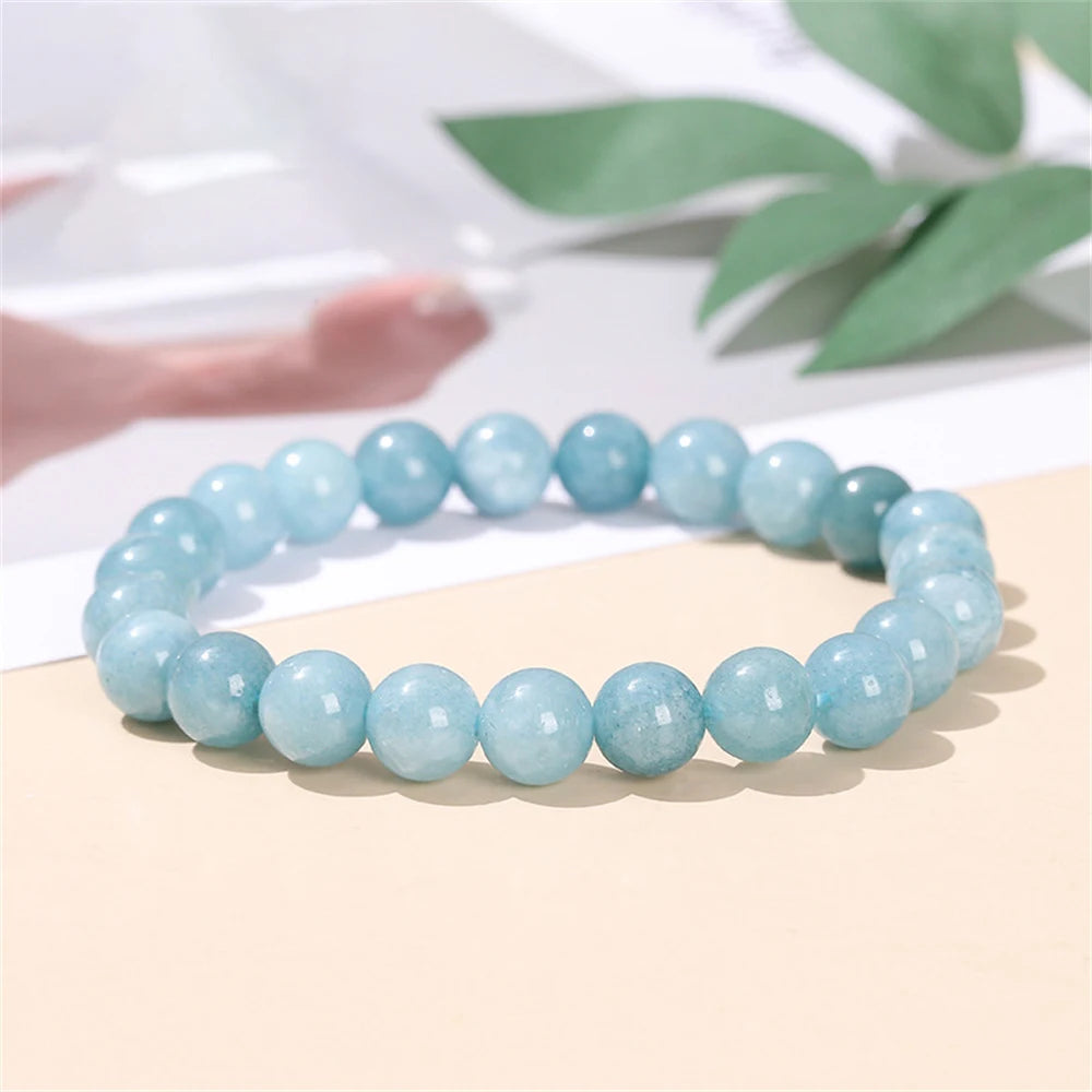 Natural Aquamarine Bead Bracelets Women Temperament Purple Chalcedony Charm Round Stone Elegant Healing Strand Bangles Wristband Qme Blue 12mm