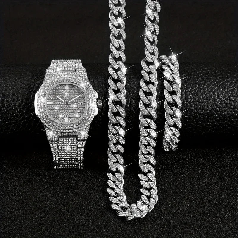 Quartz Watch Fashion Luxury Diamond Set Quartz Watch Business Style Large Dial Men's Watch Watch+Hip Hop Chain Qme
