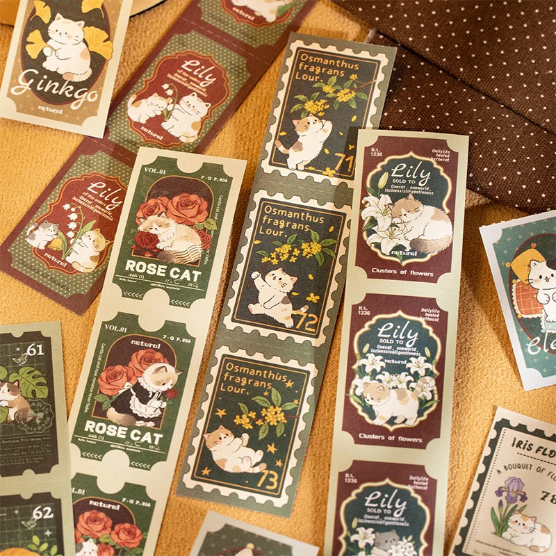 Retro Forest Style Cat Long Sticker Book, Perfect for Journal Collage, Kpop Deco, Gift Wrapping and Notebook Decoration Qme