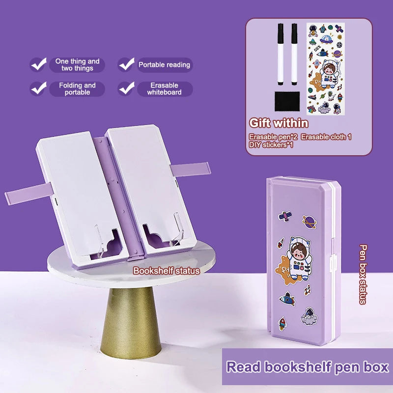 1 Foldable Reading Bookshelf Multi-function Pen Case Pencil Box Qme 36.6CM purple
