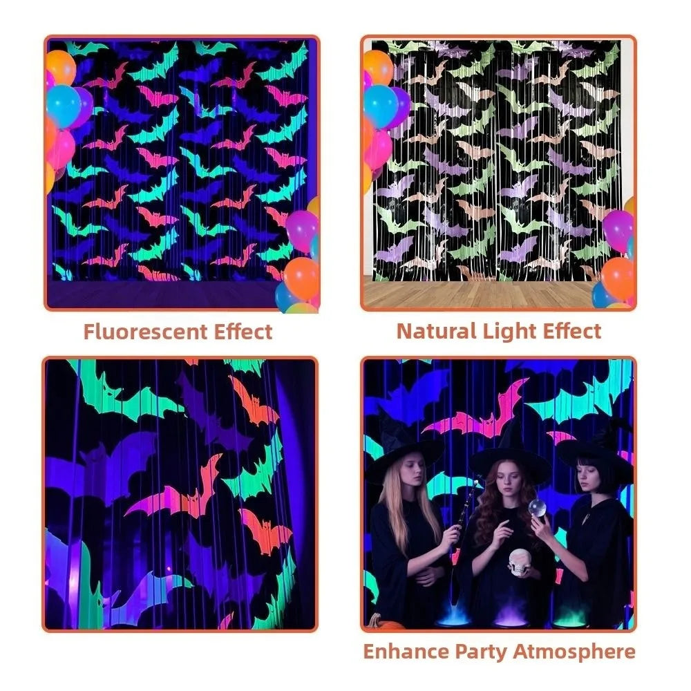 1x2M Fluorescent Tinsel Curtain Bat Pattern Cartoon Halloween Printing Curtain Sparkling Funny Door Hanging Decor Qme